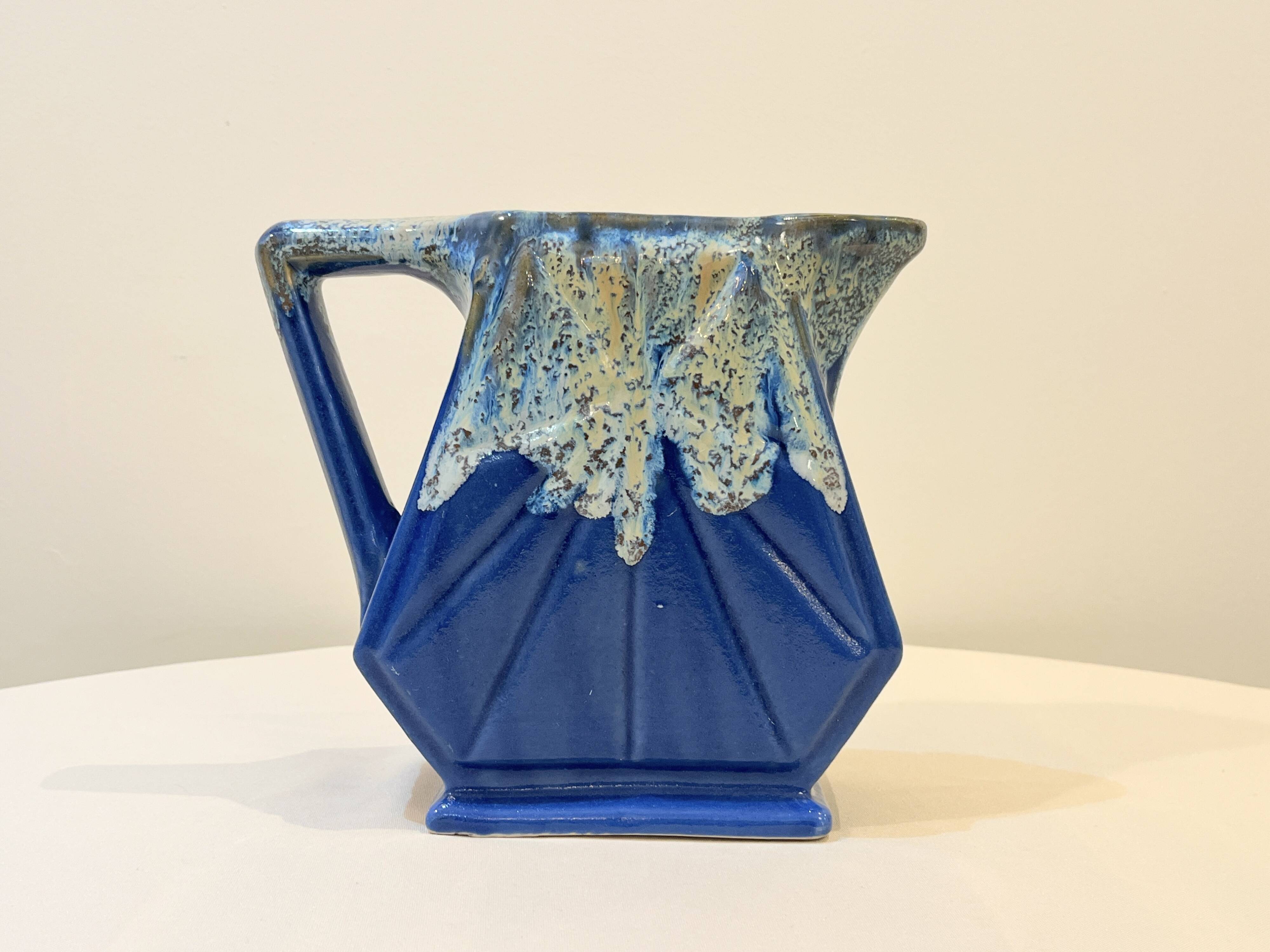 Large vintage art deco pitcher alpho in fat lava blue ceramic vase signed