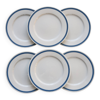 6 assiettes Lustucru vintage en porcelaine motif damier bleu