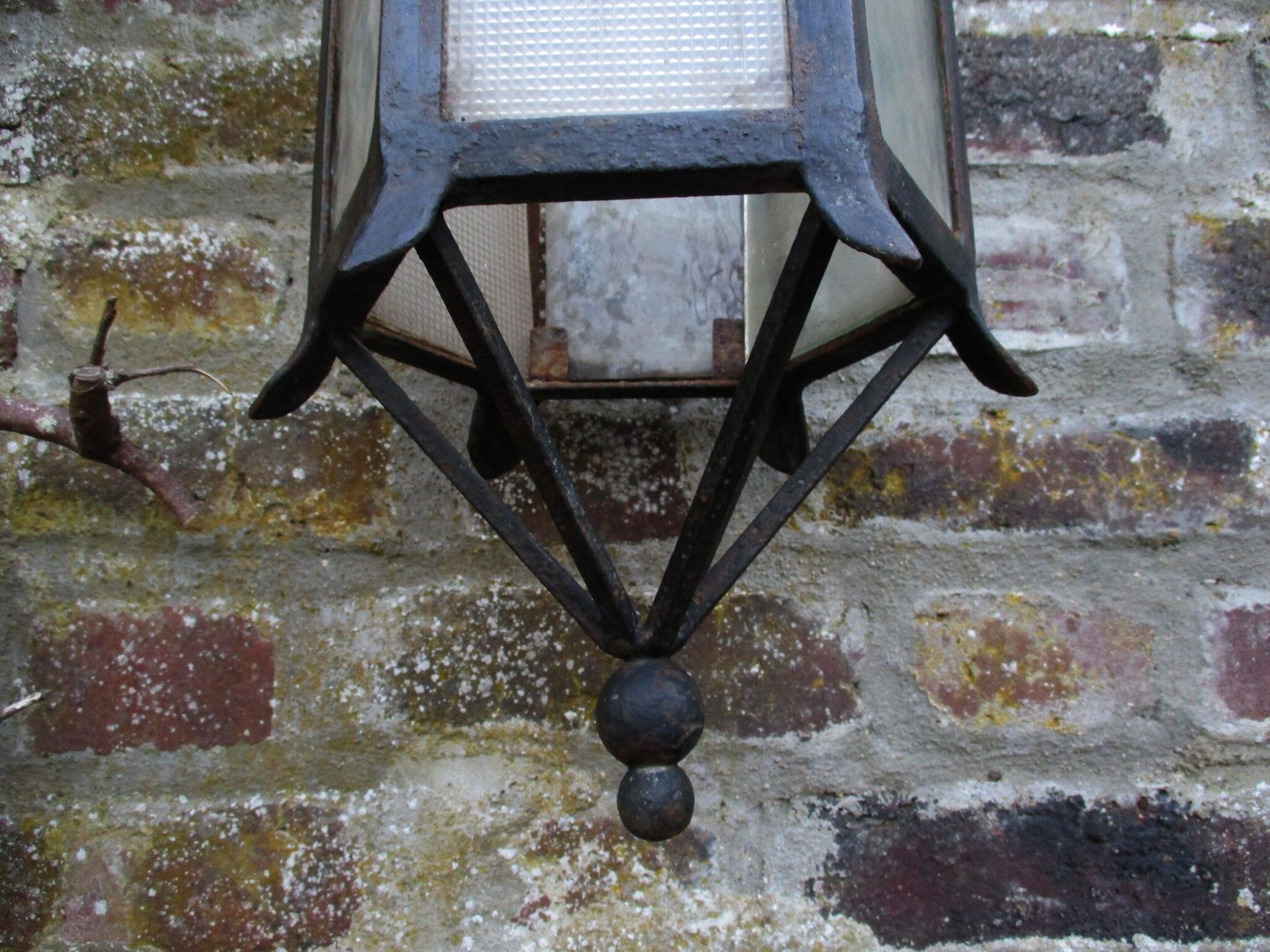 ancient hexagonal wrought iron lantern, decoration lily flowers- 19th century