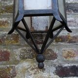ancient hexagonal wrought iron lantern, decoration lily flowers- 19th century
