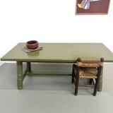 Glossy olive green lacquered dining table — DLG Georges Robert, Circa 1970