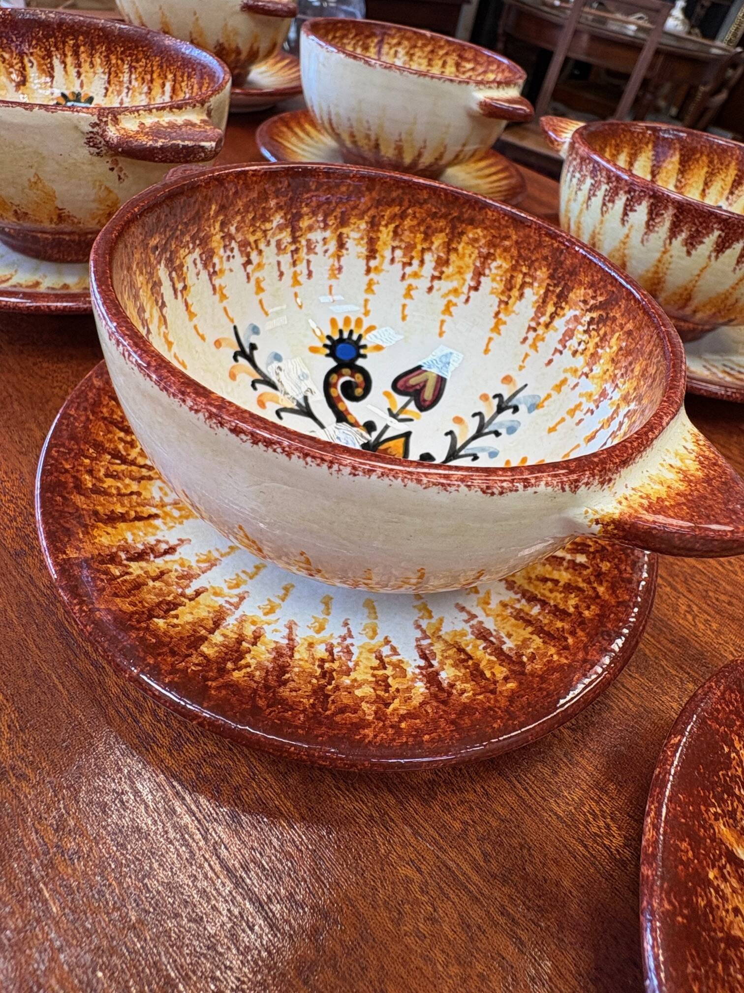 Set of 12 ear bowls with saucers – Quimper earthenware – P. Fouillen