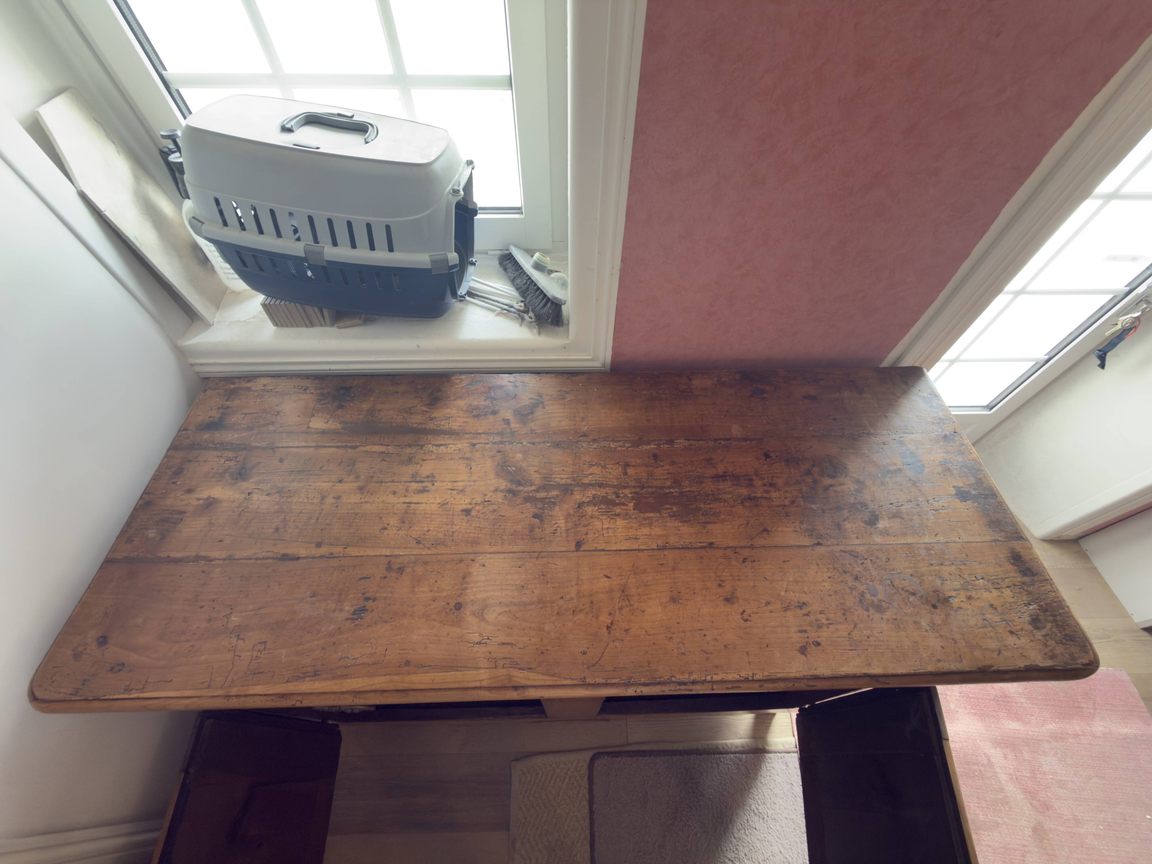 Very old, 2 doors, 2 drawers.