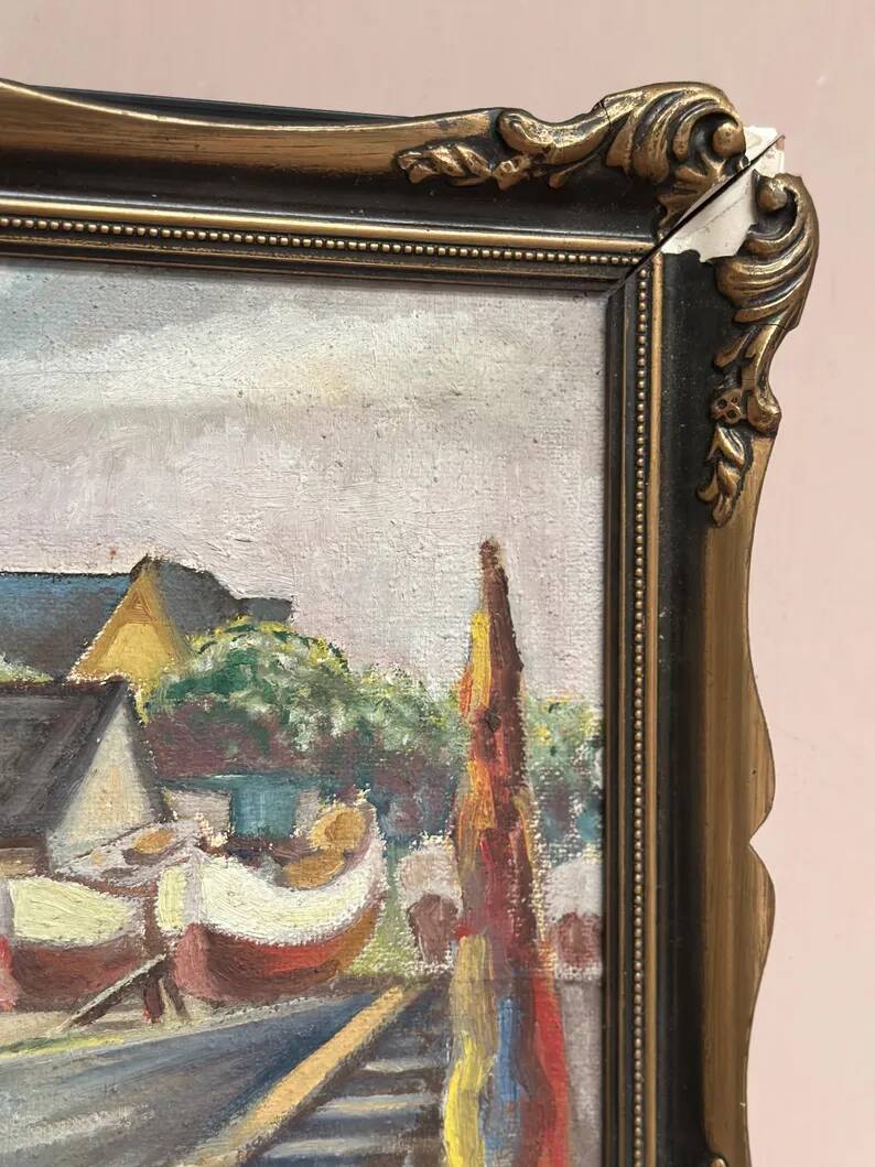 Original Swedish Oil on Panel – “Village and Harbour” by G. Fogler – Signed – Vintage & Framed – 49 × 39 cm (19.2" × 15.3")