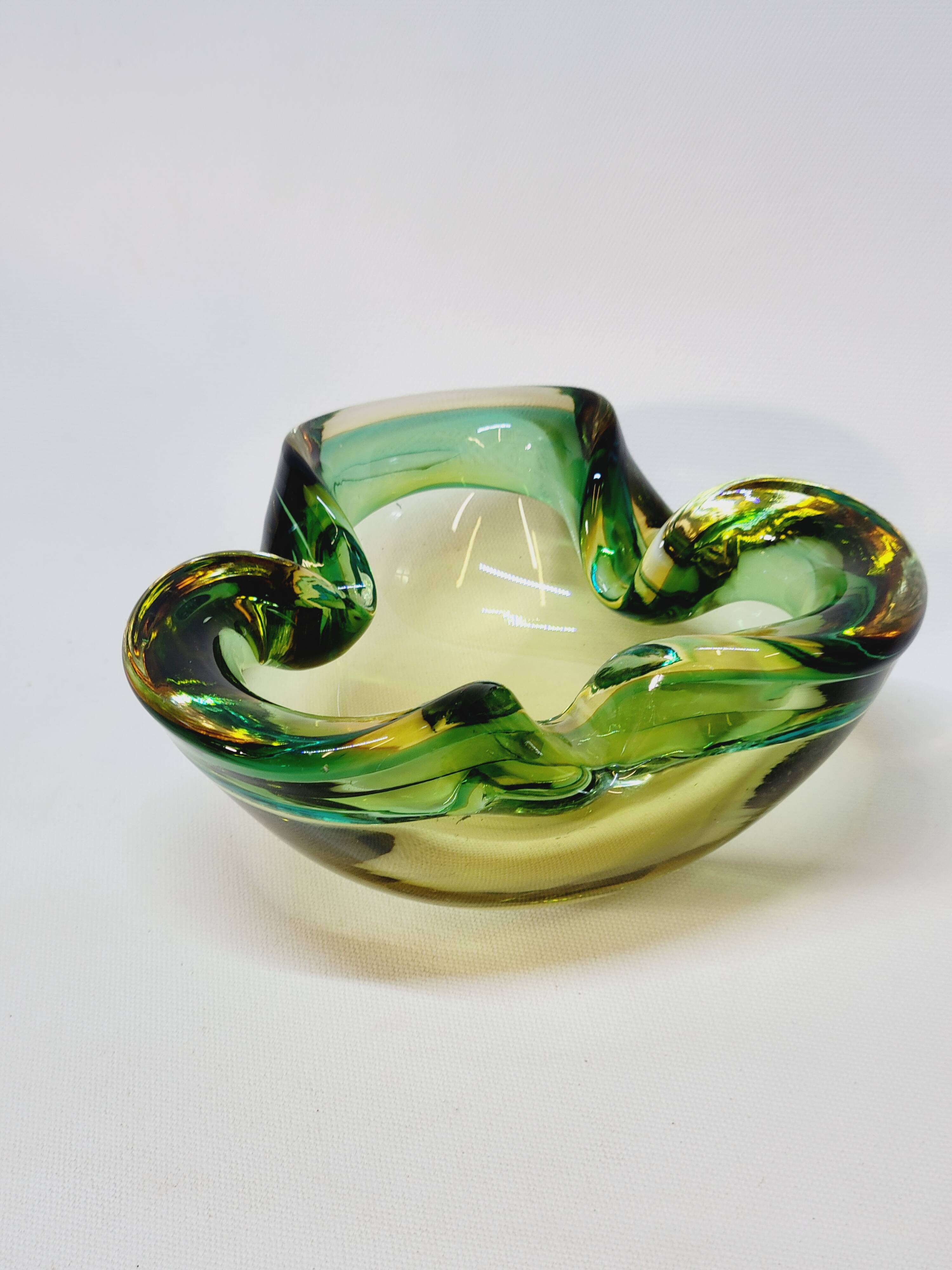 Empty Pocket Cup Ashtray Vintage Murano Glass Sommerso Green and Yellow