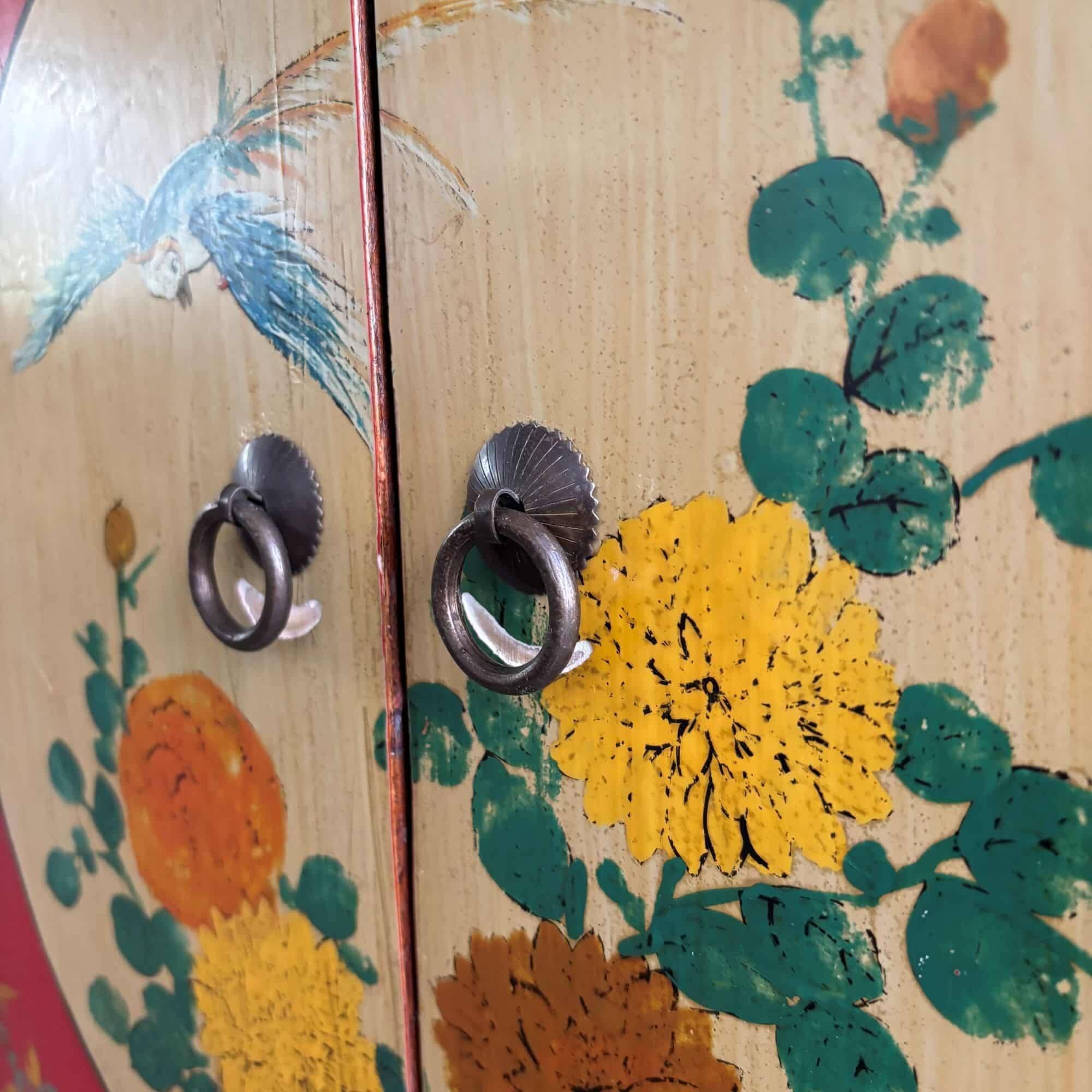 Chinoiserie, Asian wooden cabinet, painted with decor of flowers and birds