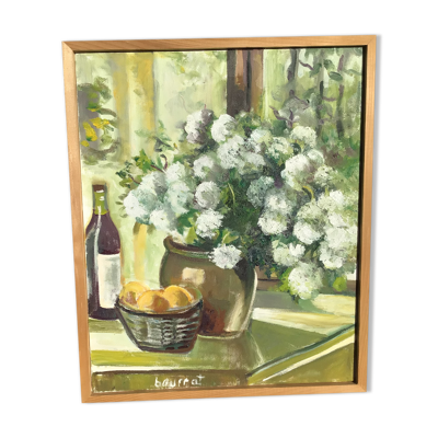 Toile bouquet camaïeu de vert signé Bourrat cadre bois brut