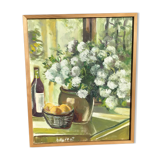 Canvas bouquet camaïeu of green signed Bourrat frame raw wood