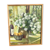 Canvas bouquet camaïeu of green signed Bourrat frame raw wood