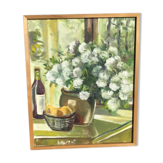 Canvas bouquet camaïeu of green signed Bourrat frame raw wood