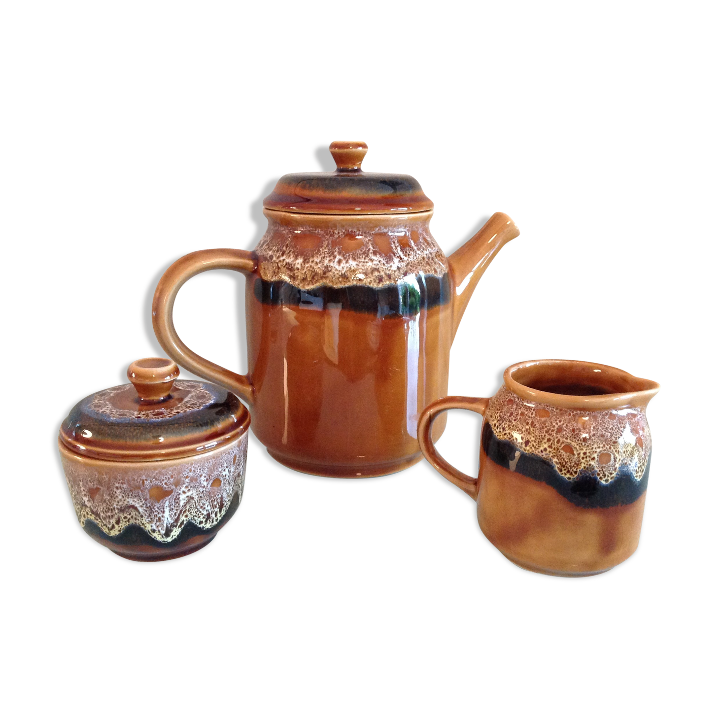 Coffee maker, milk pot and sugar décor Hawaii of the Sarreguemines vintage Earthenware 60s-70s