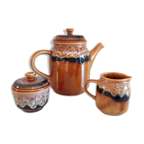 Coffee maker, milk pot and sugar décor Hawaii of the Sarreguemines vintage Earthenware 60s-70s