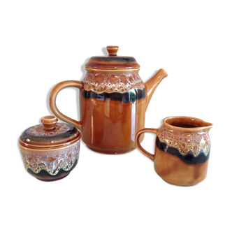 Coffee maker, milk pot and sugar décor Hawaii of the Sarreguemines vintage Earthenware 60s-70s