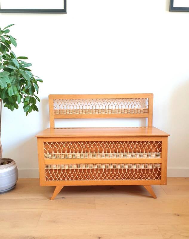 Vintage wooden and rattan trunk bench