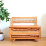 Banc coffre en bois et rotin vintage