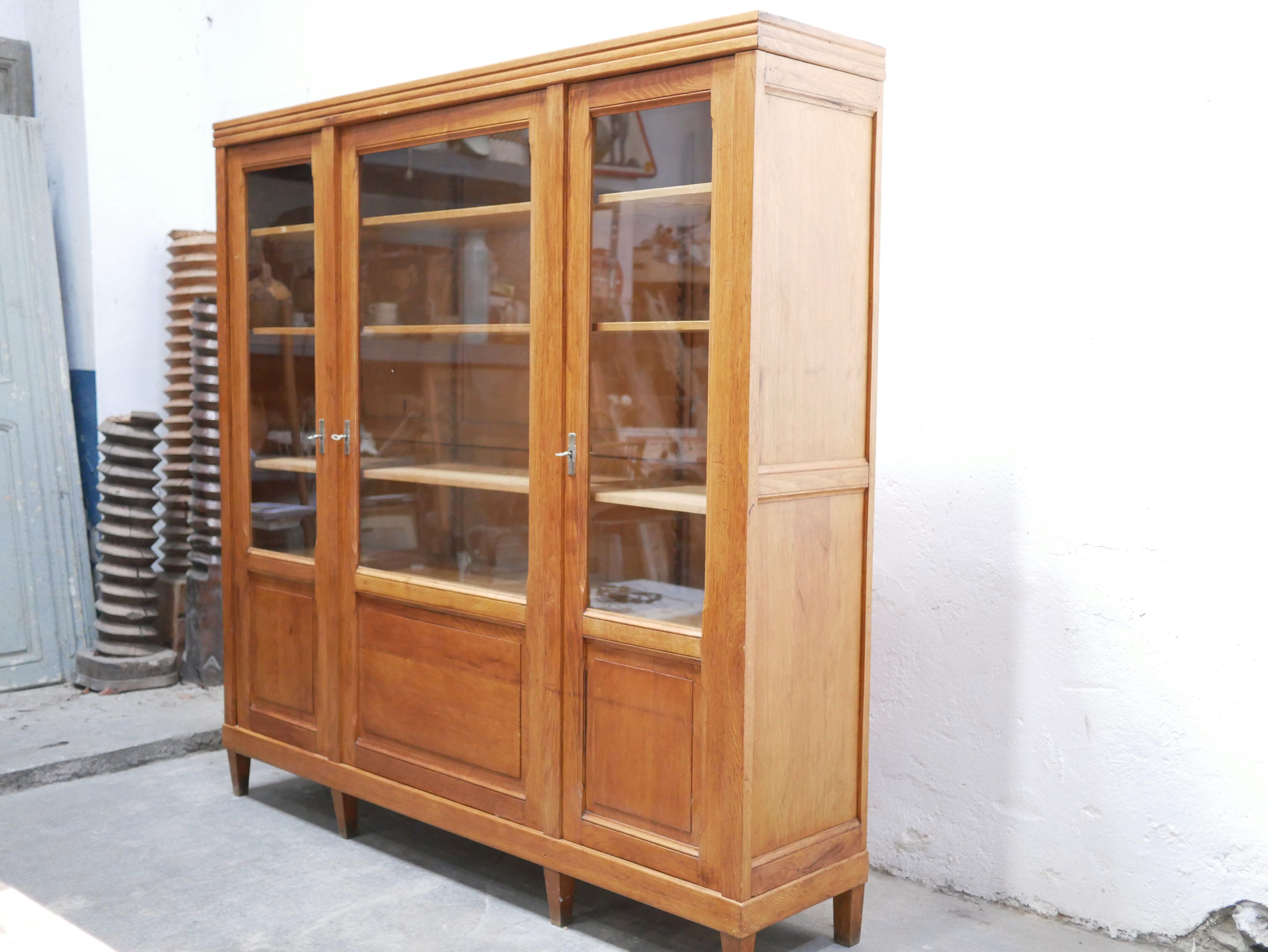 Vintage wooden glass bookcase cabinet