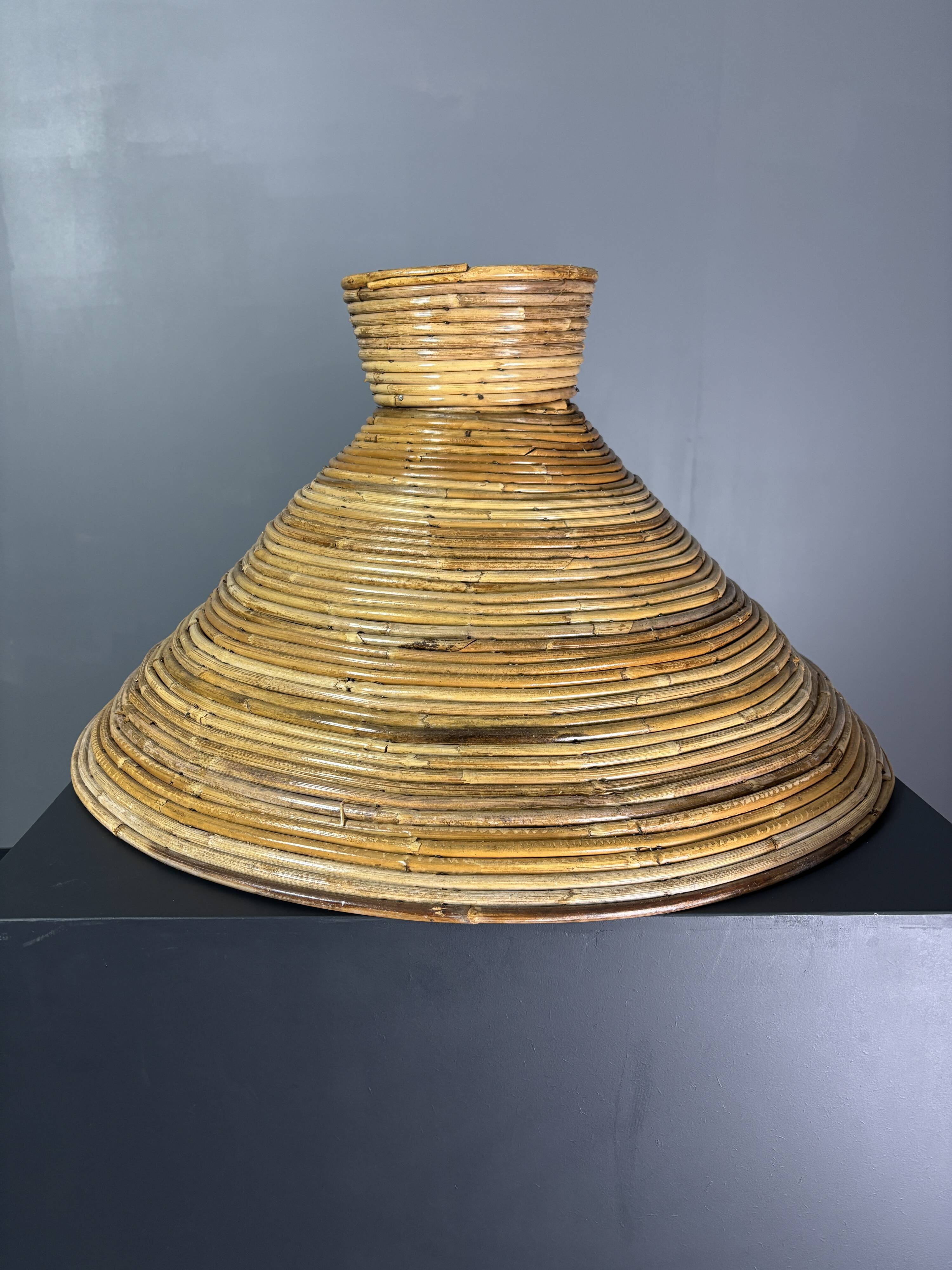 Midcentury pair pencil rattan large ( 62 cm ) pendants, Italy 1970s