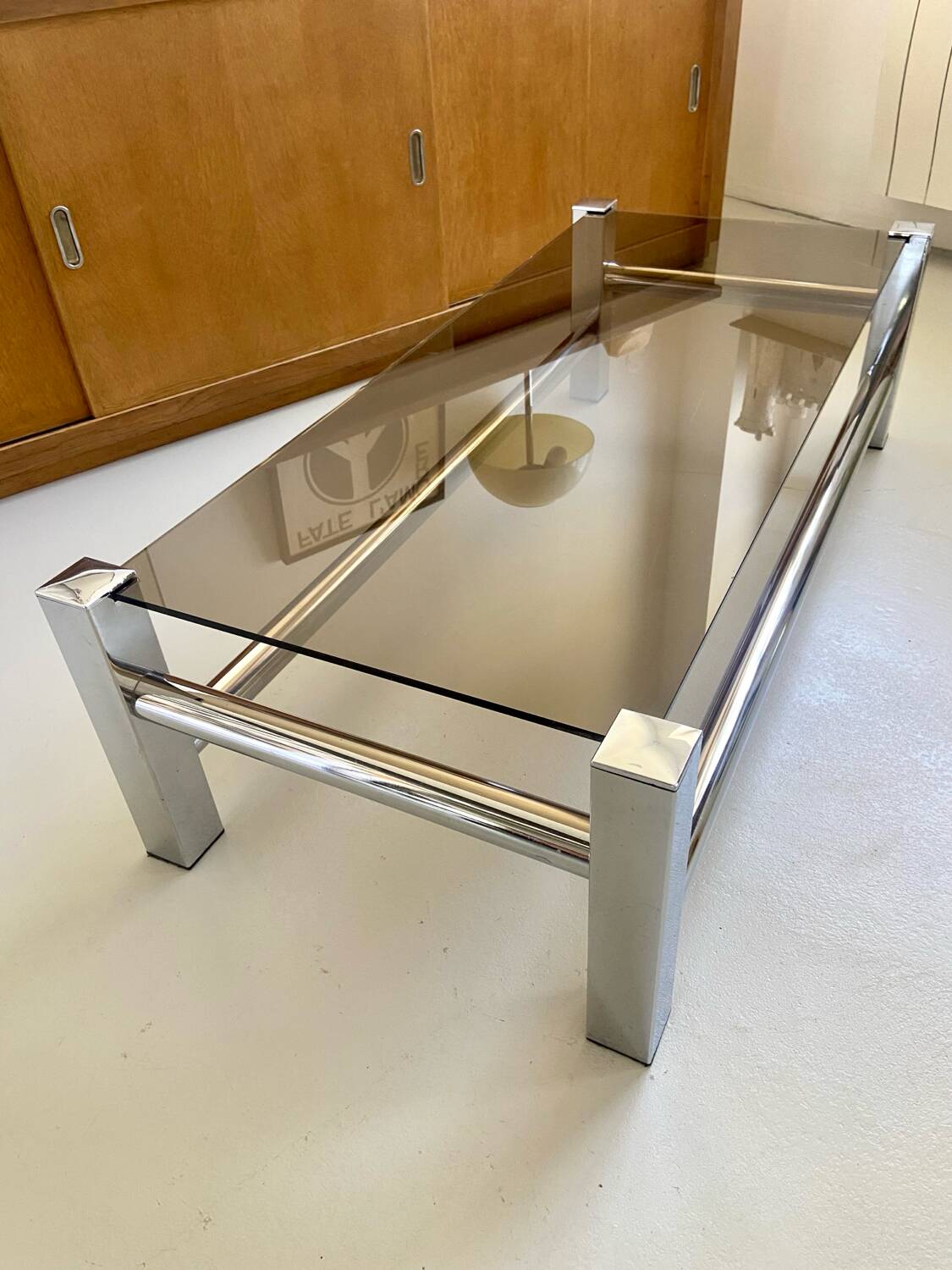 Vintage chrome metal table / smoked glass 1970