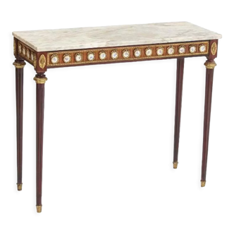 Louis XVI style console, decorated with gilded bronze elements and porcelain inserts