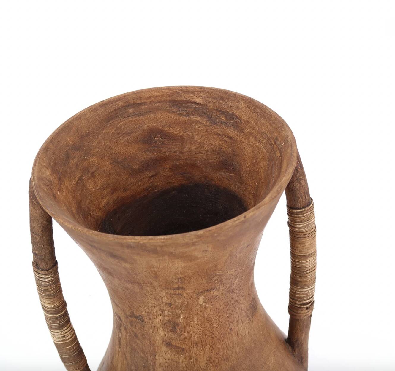 Wooden amphora vase, handles covered with wicker, 1970s.