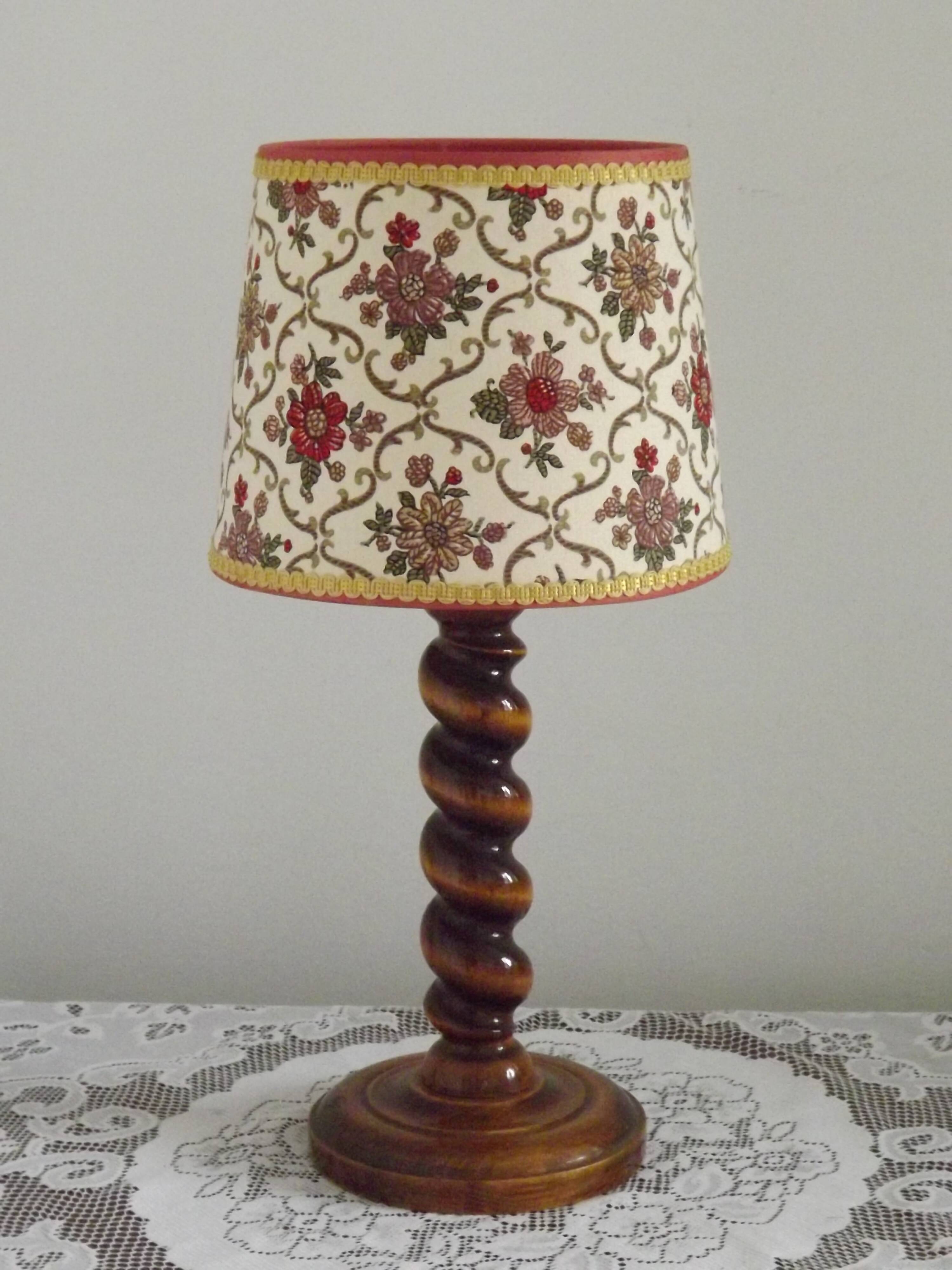 French Vintage Round Wooden Barley Twist Table Lamp With Floral Shade