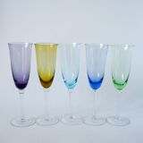 Set of 5 multicolored colored glass flutes 1970