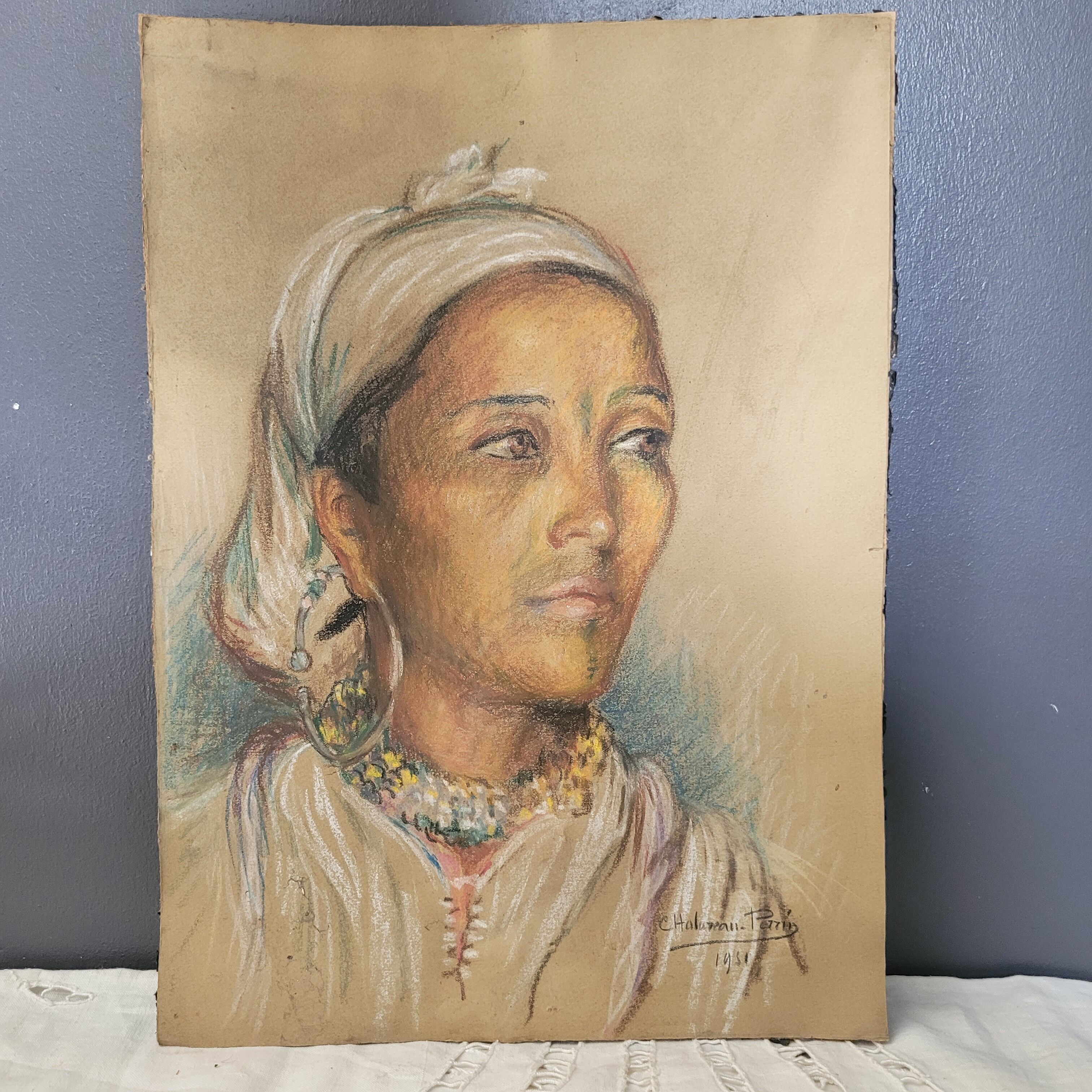 Painting on pencil paper signed Madeleine Chalureau Perrin 1951