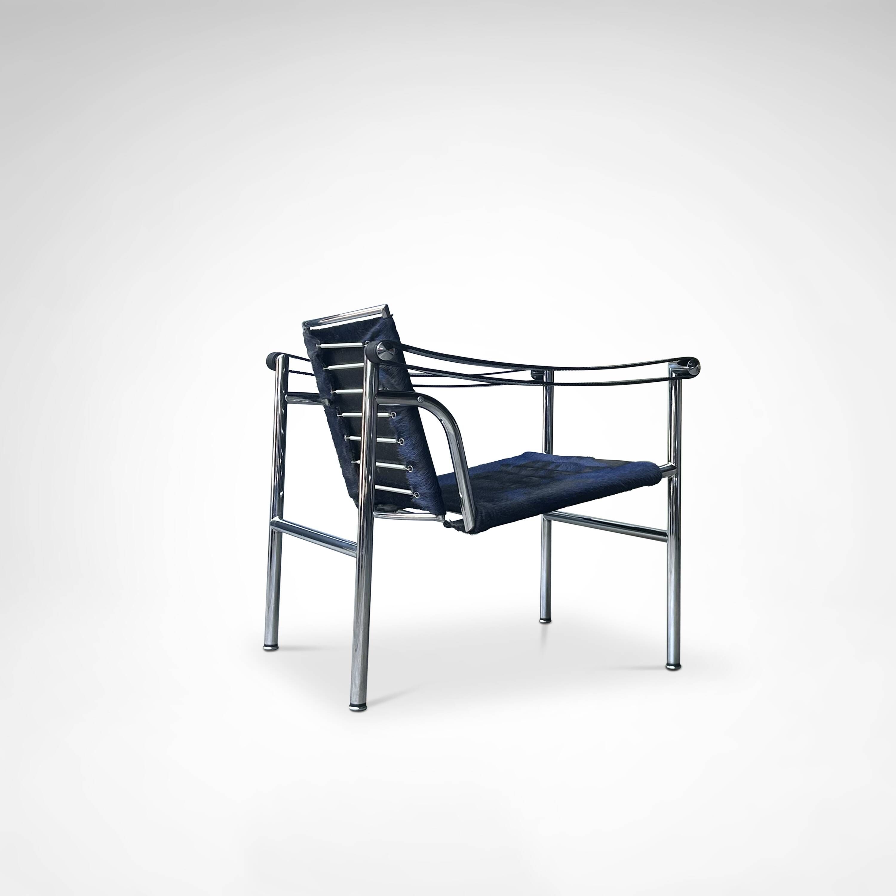 LC1 blue and black ponyskin armchair by Le Corbusier et al for Cassina 1990