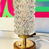 Vintage Mid-Century Scandinavian lamp in wood, brass, and pressed glass with spikes.