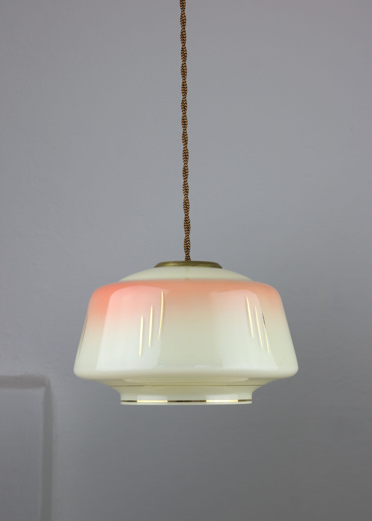 Vintage glass & brass salmon pendant lamp