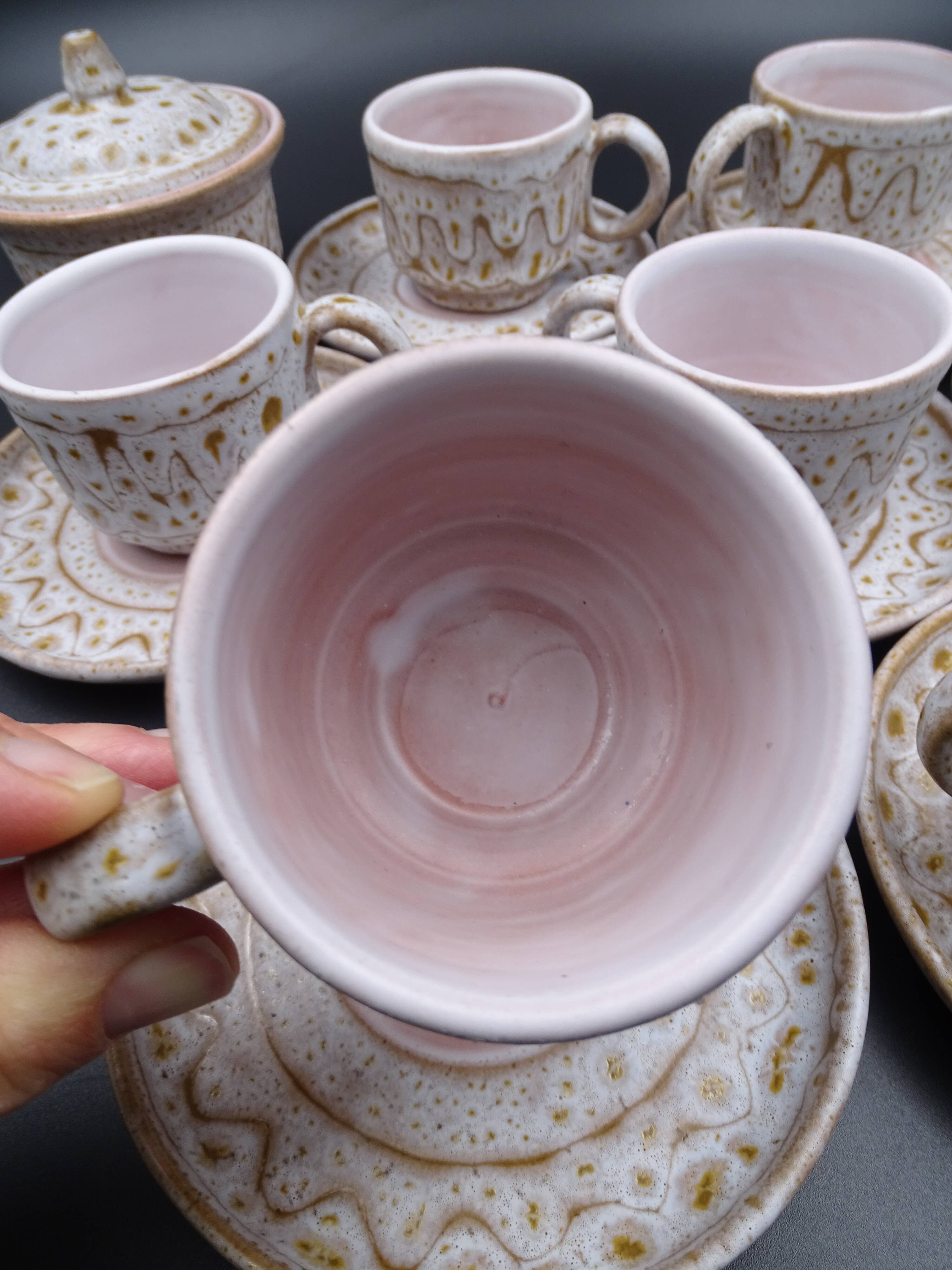 Earthenware coffee service signed Jean Austruy Vallauris around 1970 - Cups - saucers - milk pot