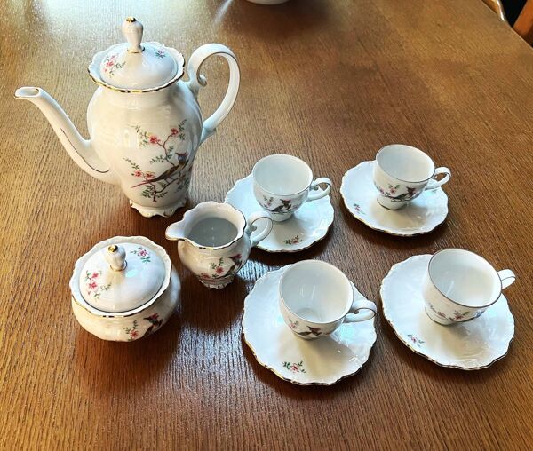 Service à café porcelaine blanche Seltmann Weiden Bavaria oiseau du paradis