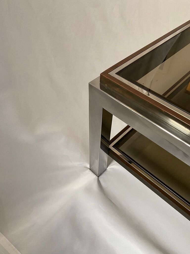 Table basse bicolore des années 1970 avec verre fumé d’après Willy Rizzo
