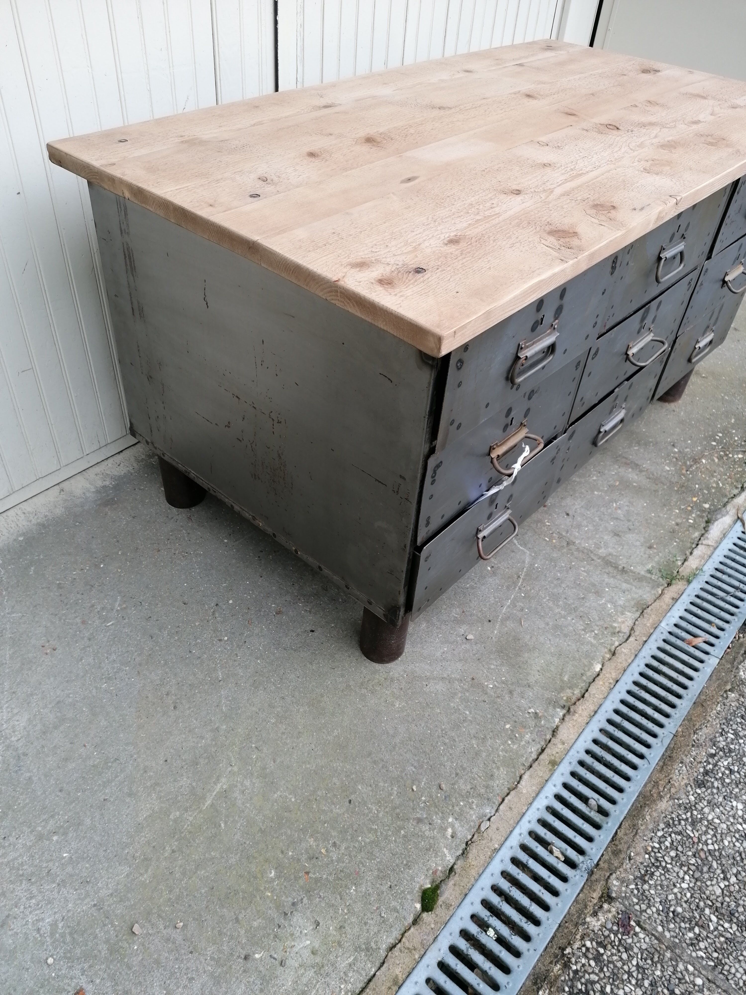 Antique workshop workbench, vintage, metal and wood