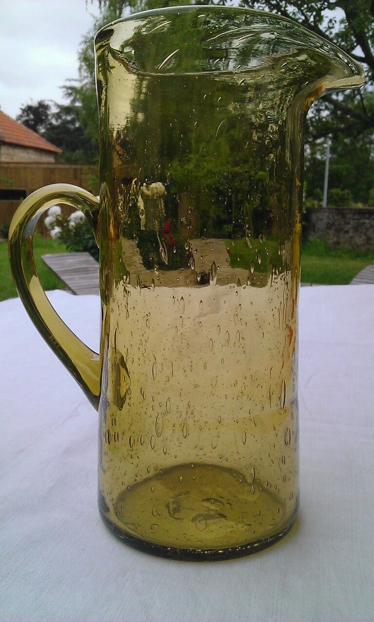 6 glasses and pitcher BIOT olive green bulled glass
