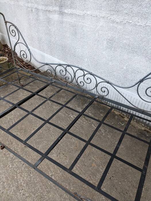 Metal folding bed, wrought iron bench
