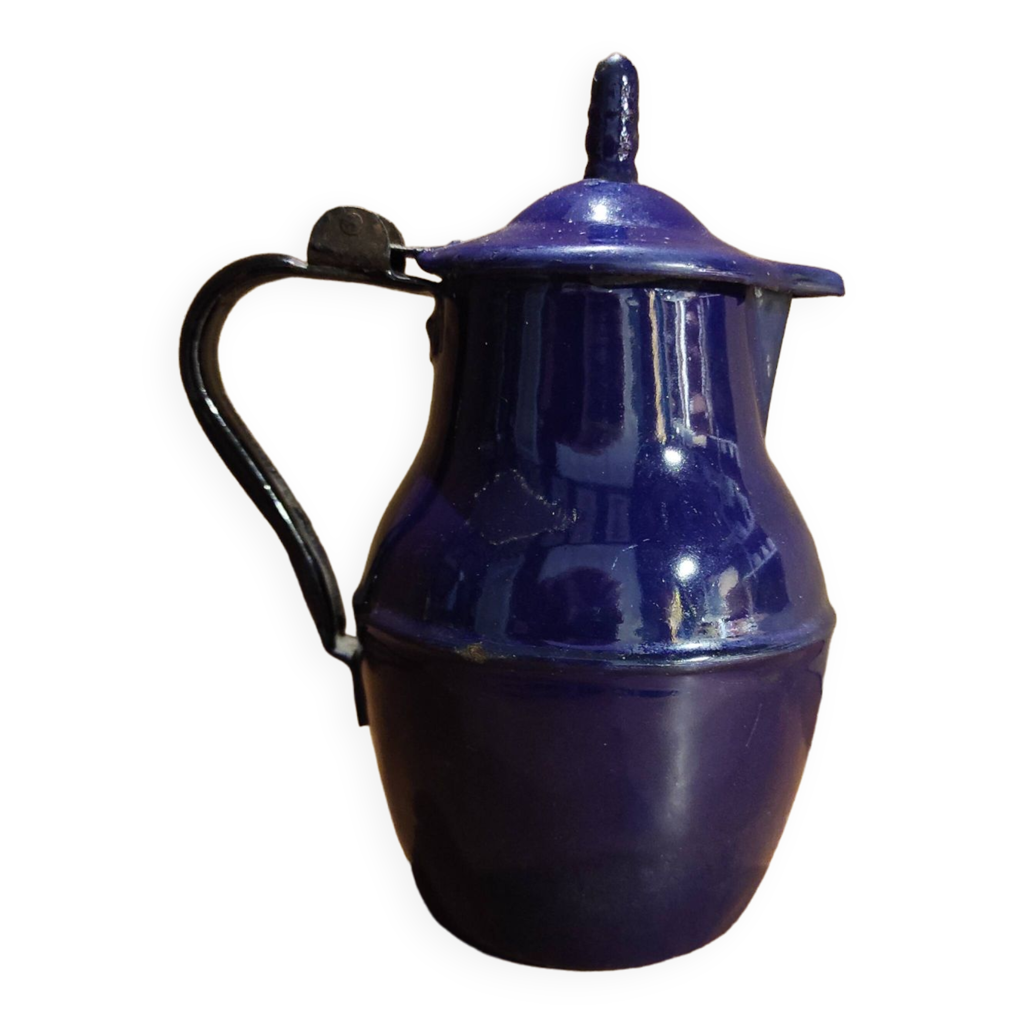 Small vintage French jug with lid, in blue enamel