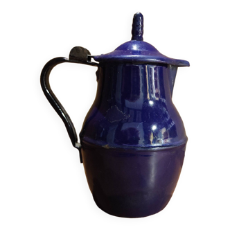 Small vintage French jug with lid, in blue enamel