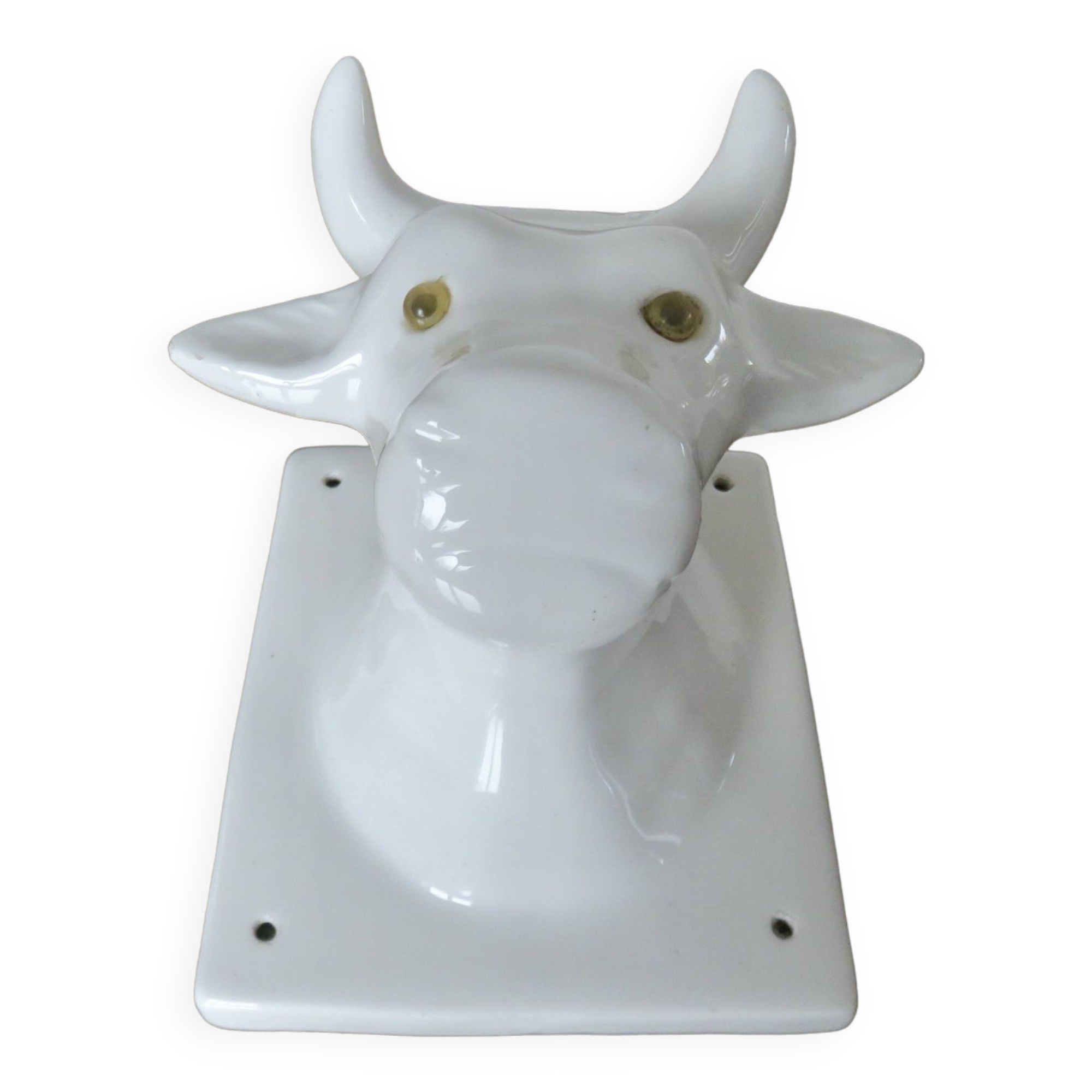 Stylized cow head in white ceramic, wall decoration from the 80s