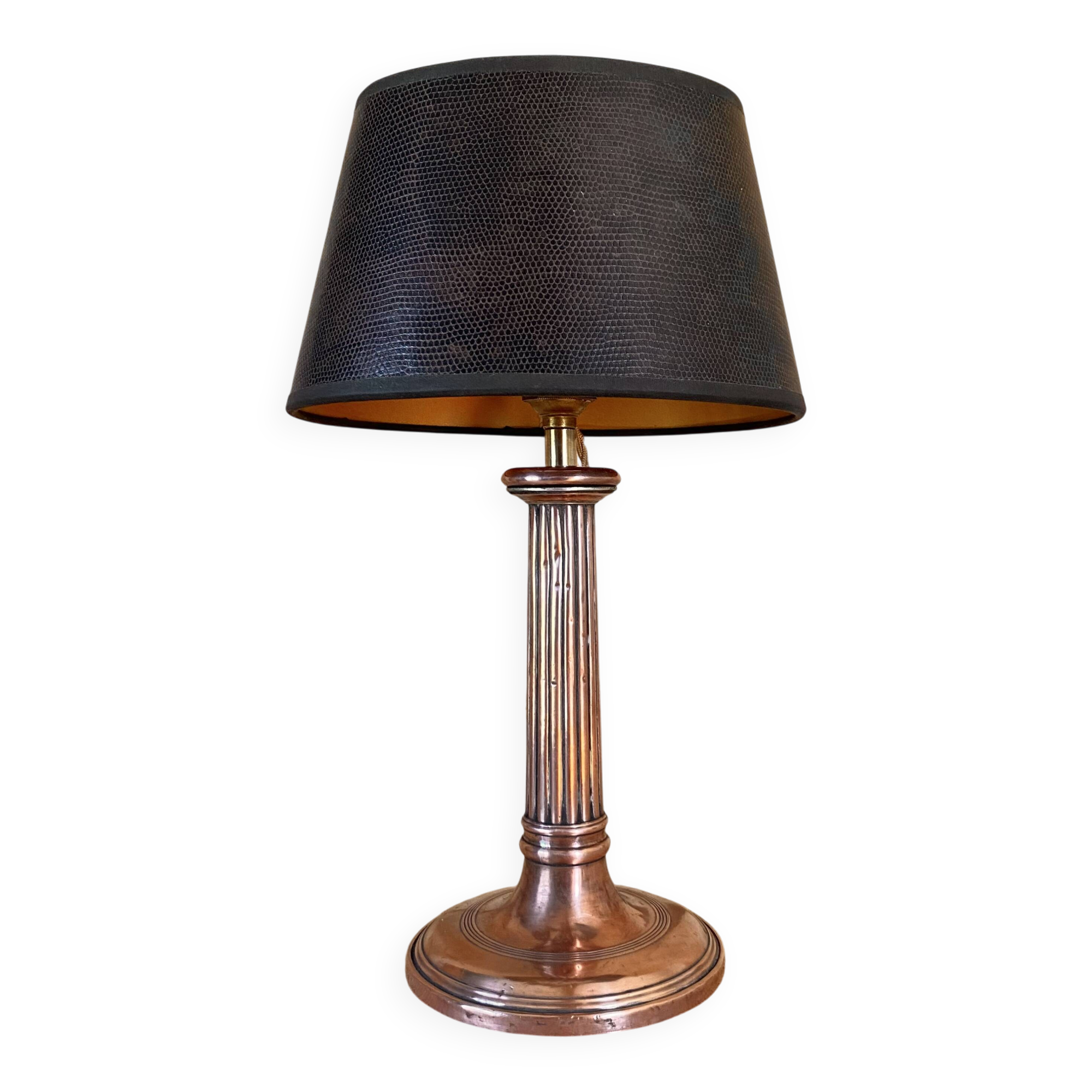 Copper lamp, fabric cable, sewn lampshade and leather.