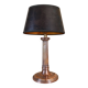 Copper lamp, fabric cable, sewn lampshade and leather.