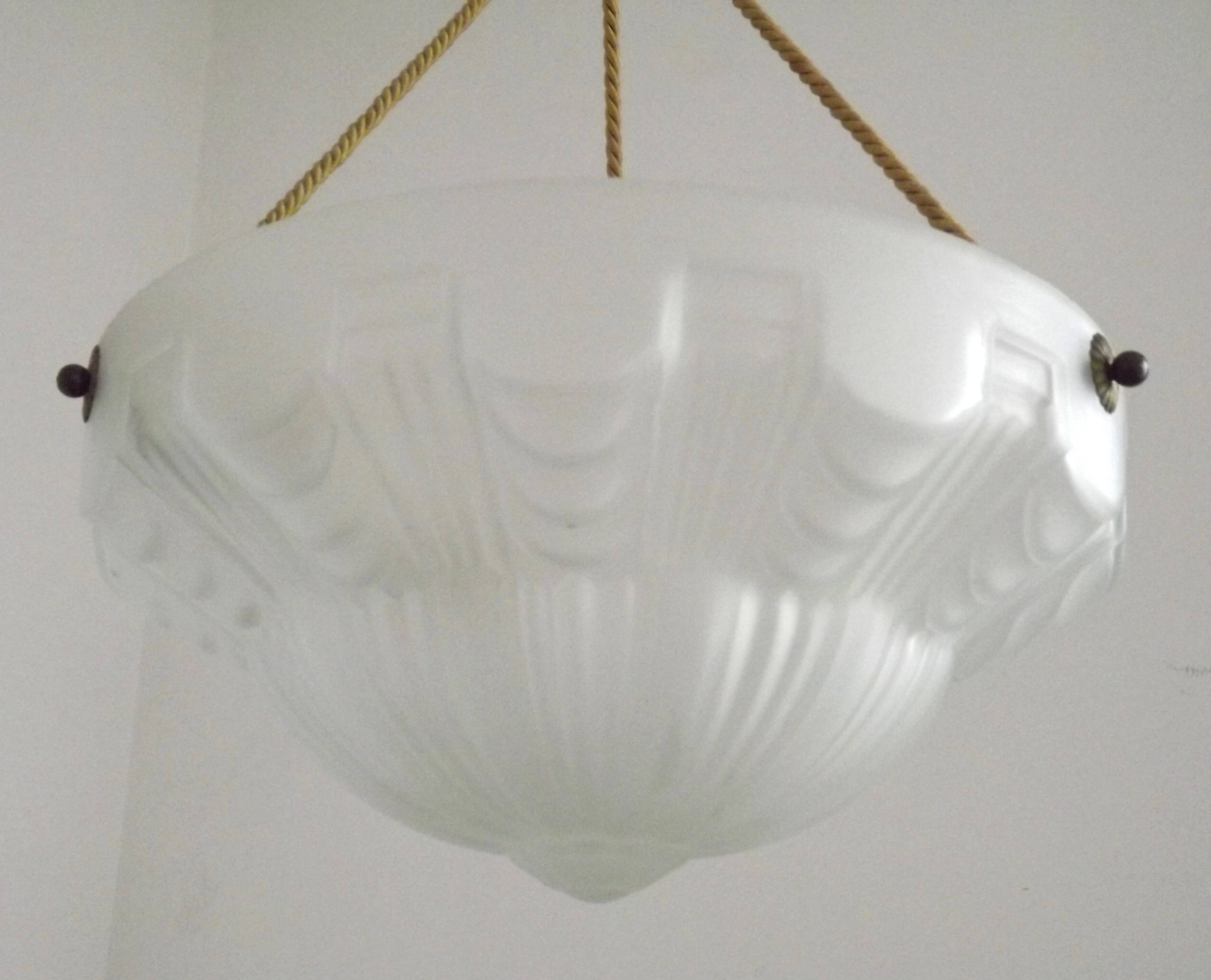 Vintage French 1930s Art Deco Gometric White Glass Ceiling Light