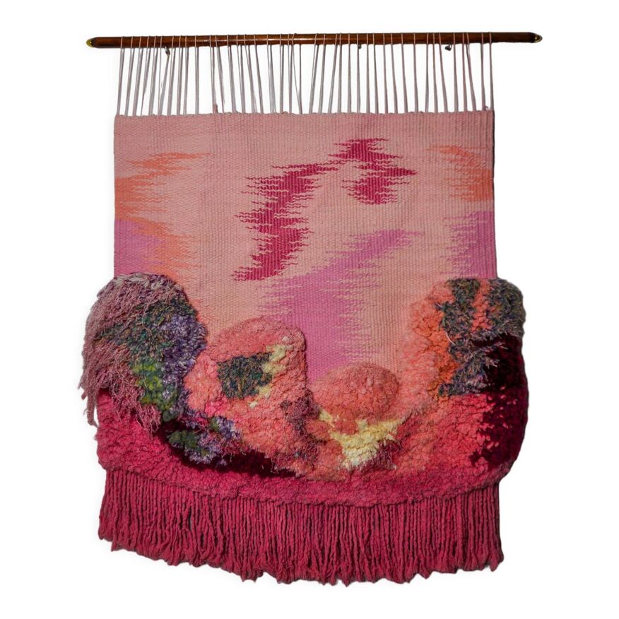 Tapisserie murale Macrame texturée rose, Espagne, années 1970 | Selency