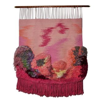 Tapisserie murale Macrame texturée rose, Espagne, années 1970