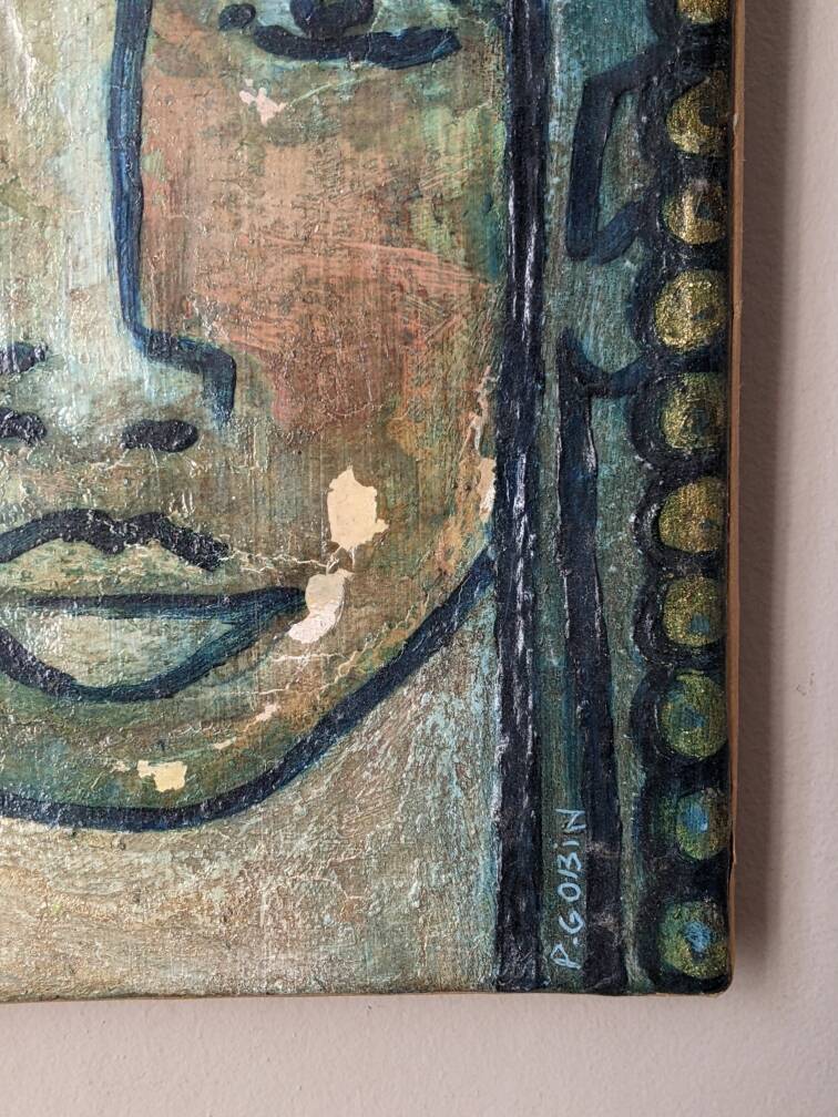 Antique acrylic painting on canvas vintage ethnic tribal portrait