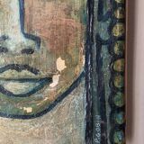 Antique acrylic painting on canvas vintage ethnic tribal portrait