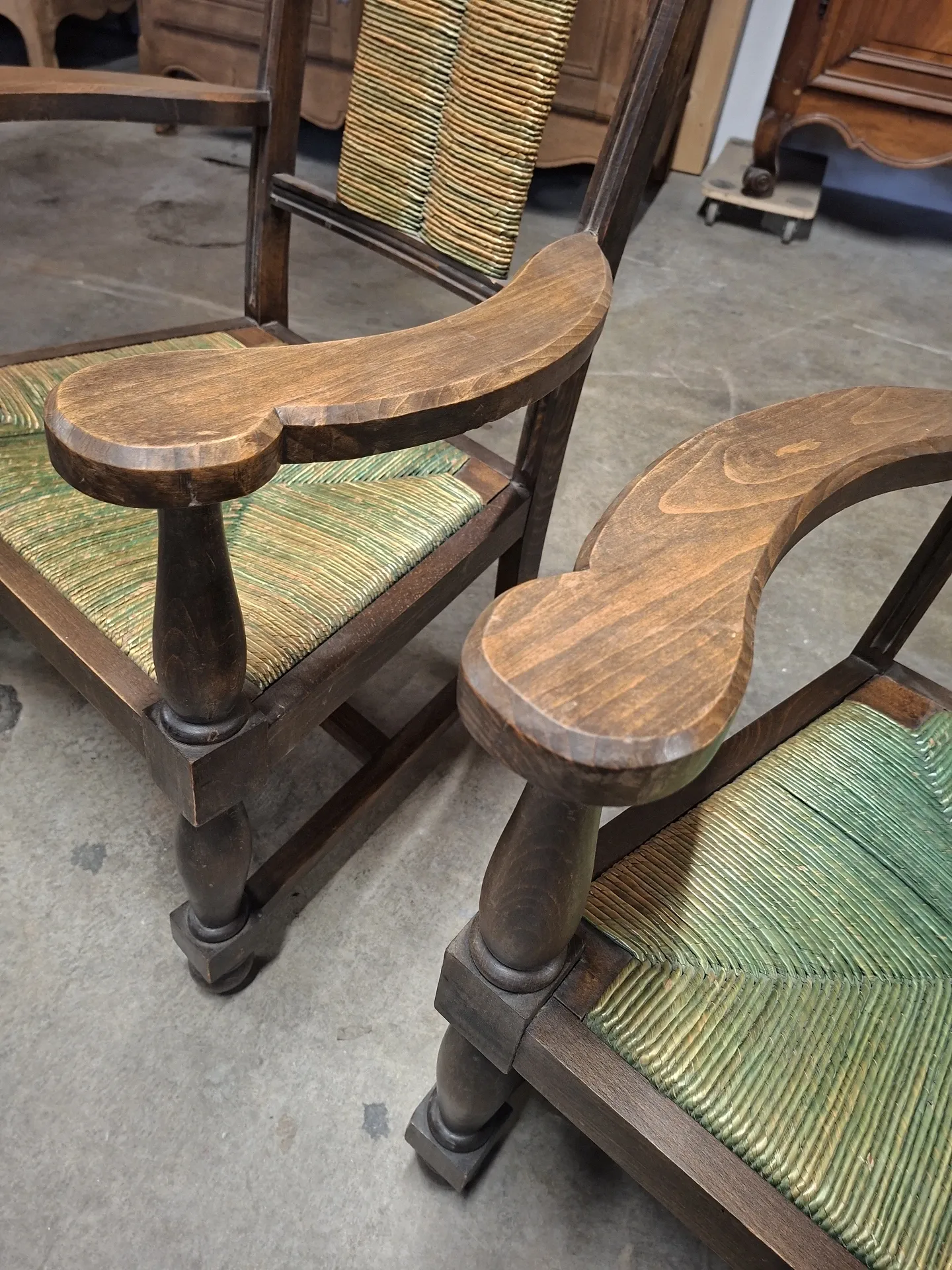 Brutalist pair of rustic turned wooden armchairs from the 1950s.