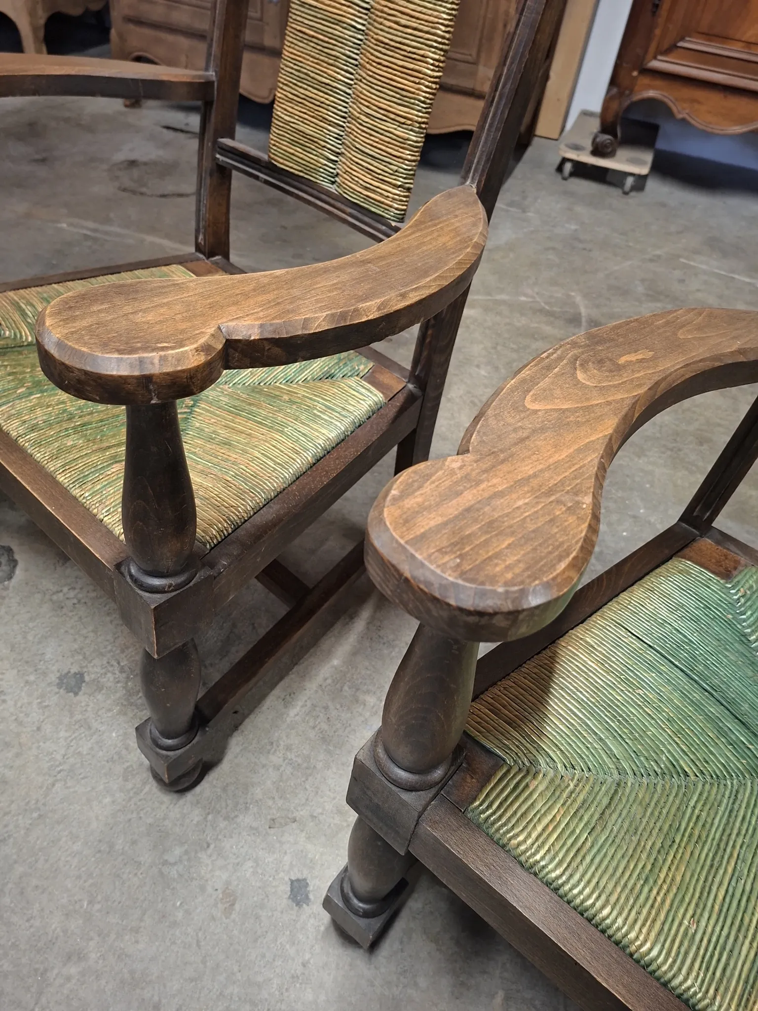 Brutalist pair of rustic turned wooden armchairs from the 1950s.