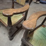 Brutalist pair of rustic turned wooden armchairs from the 1950s.