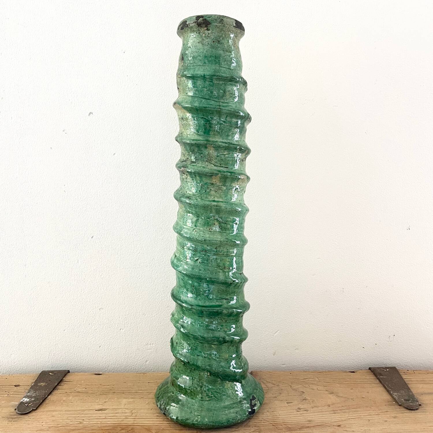 Green enamelled terracotta candle holder 50 cm